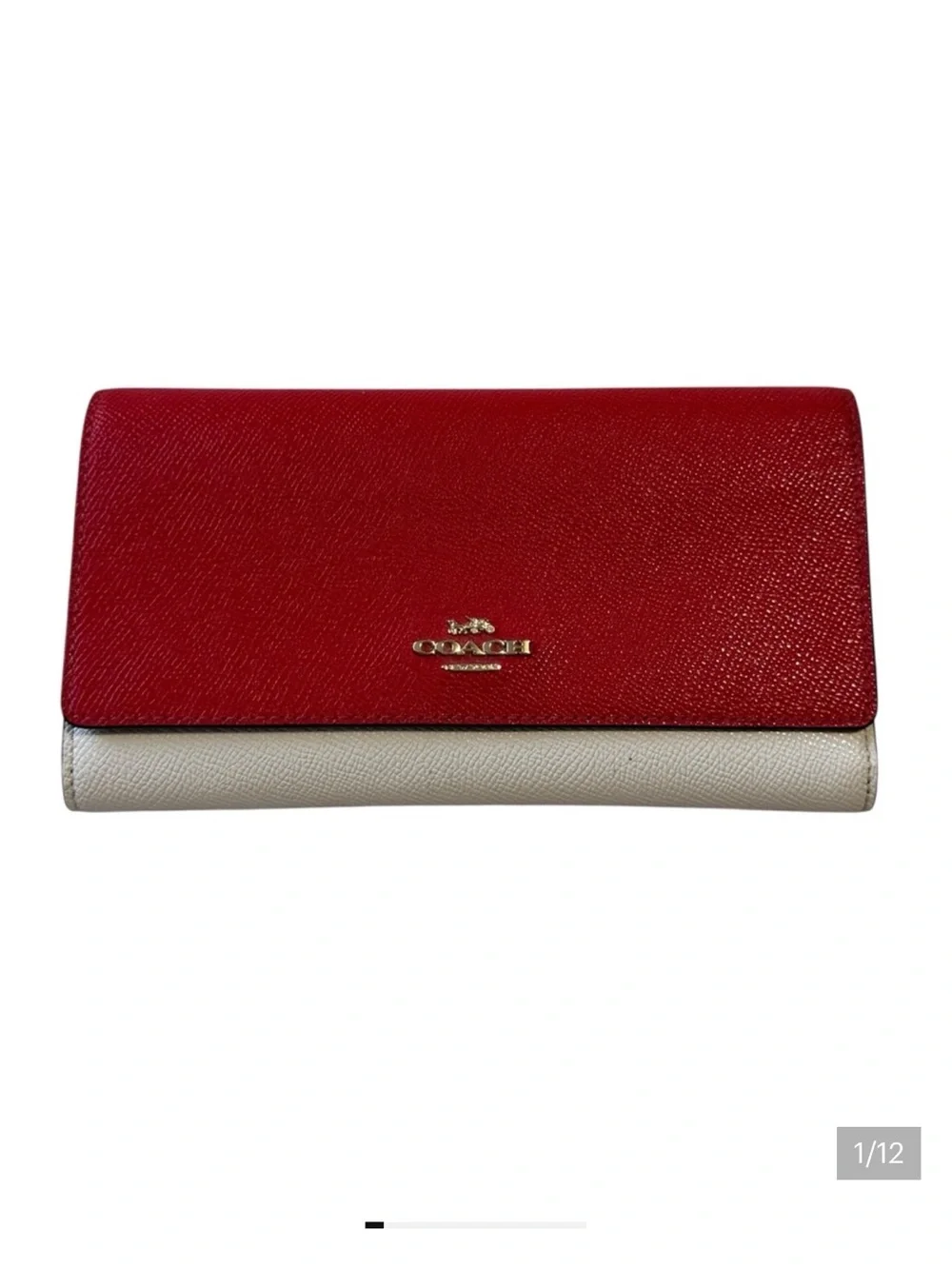 Coach Trifold Color Block Red & Cream Ivory Pebbled Leather Wallet